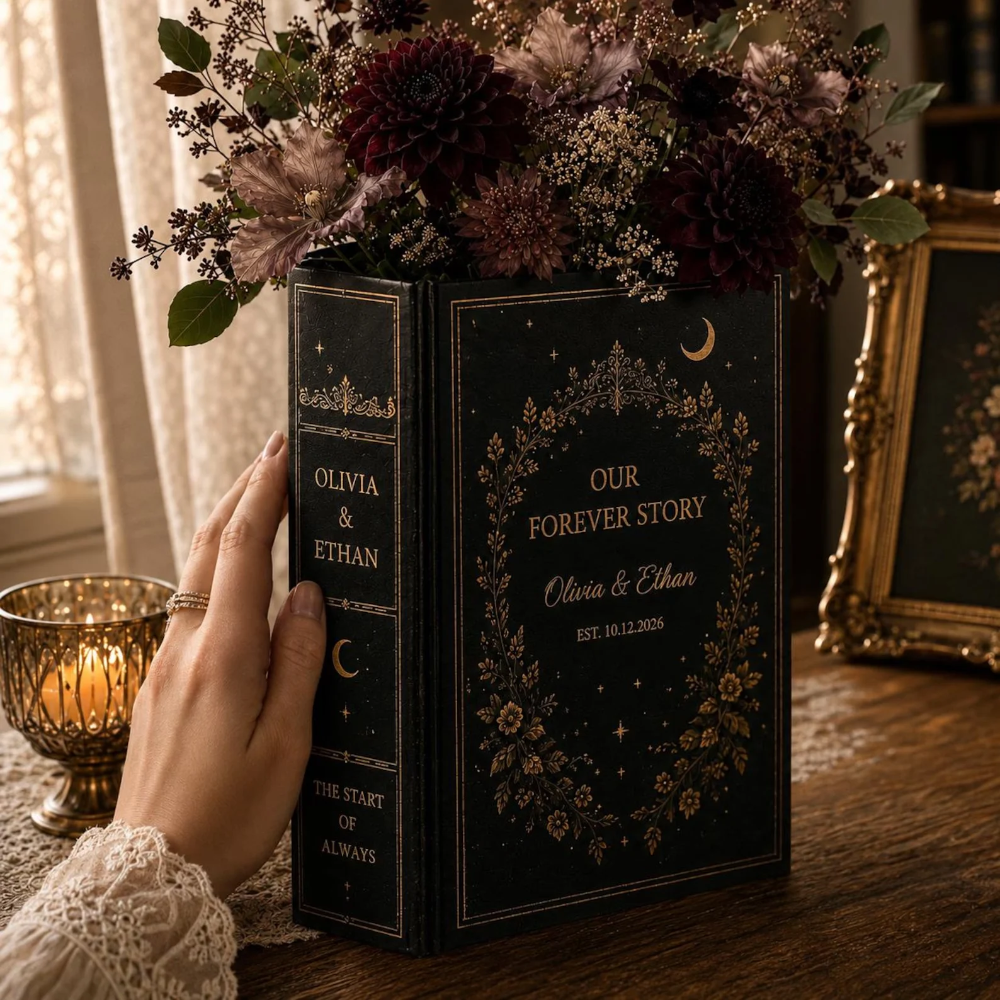 Our Forever Story Custom Celestial Wedding Black Ceramic Book Vase, Custom Gothic Wedding Book Vase WD0586