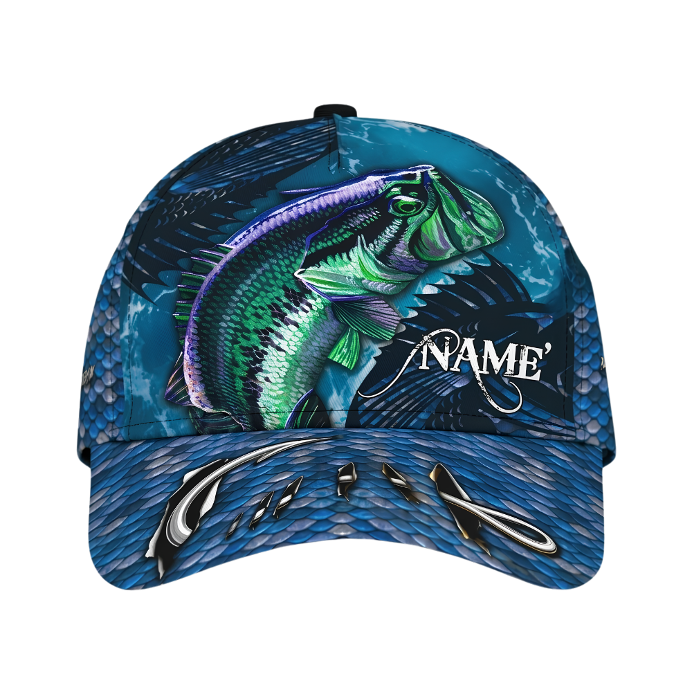 Bass Fishing Custom Blue Baseball Cap 3D Printed, Personalized Fishing Lover Cap Hat CP0686