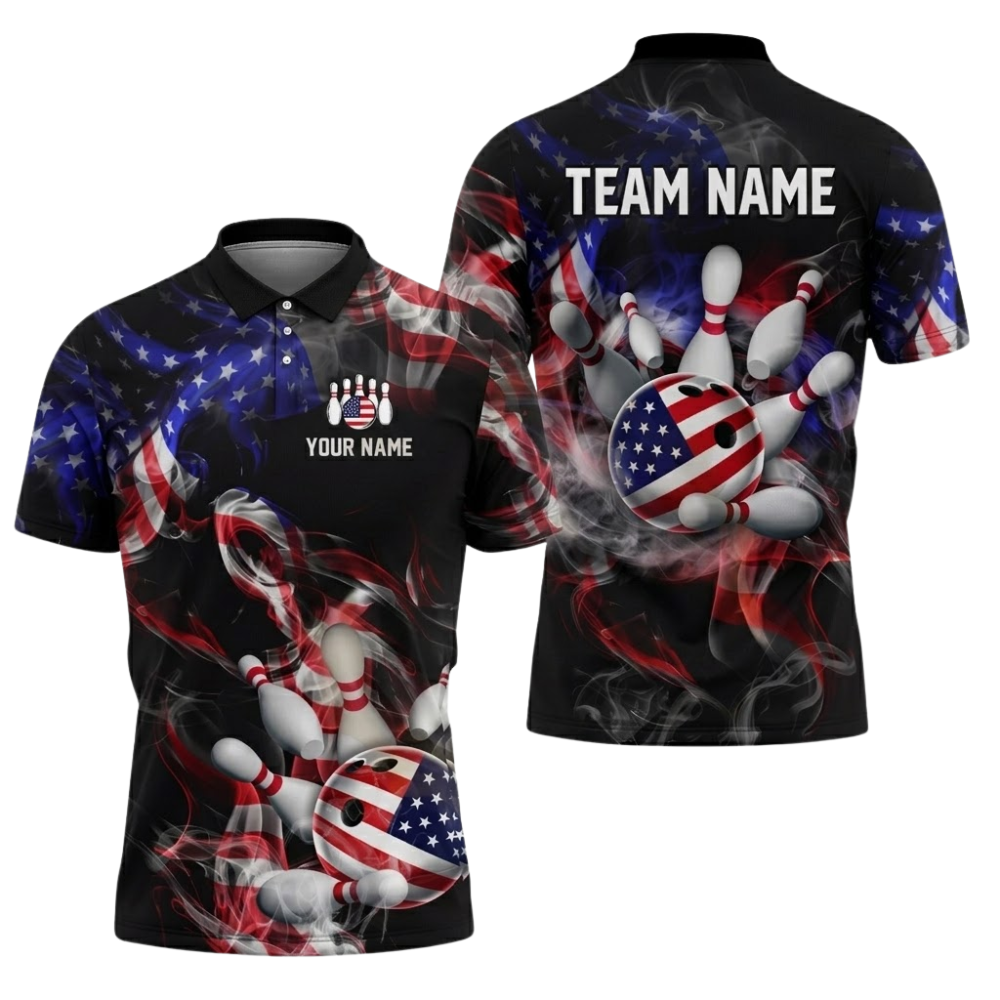 Custom Smoke American Flag Bowling Polo Shirt For Men, Custom Patriotic Bowling Team Shirt BZ0823