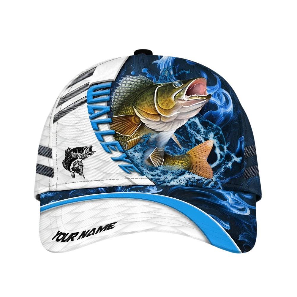 Walleye Fish Custom Blue White 3D Printed Baseball Cap, Custom Fishing Lover Hat CP0660