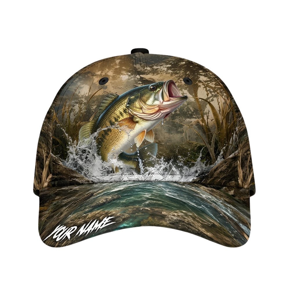 Personalized Bass Fishing Forest Camo Baseball Cap, Custom Bass Fish Hat For Fishing Lover CP0661