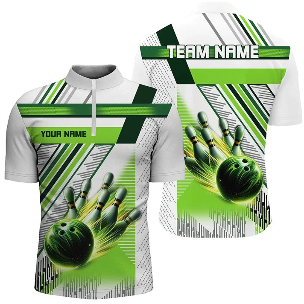 Green And White Custom Mens Bowling Jersey, Custom Team Bowling Shirts BZ0808