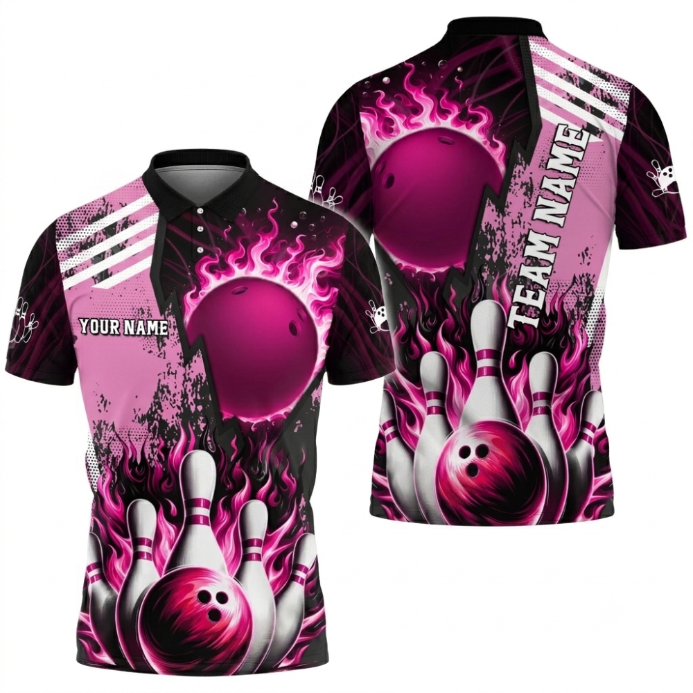 Custom Flame Ball Mens Bowling Polo Shirt, Custom Flame Bowling Shirt For Team BZ0812