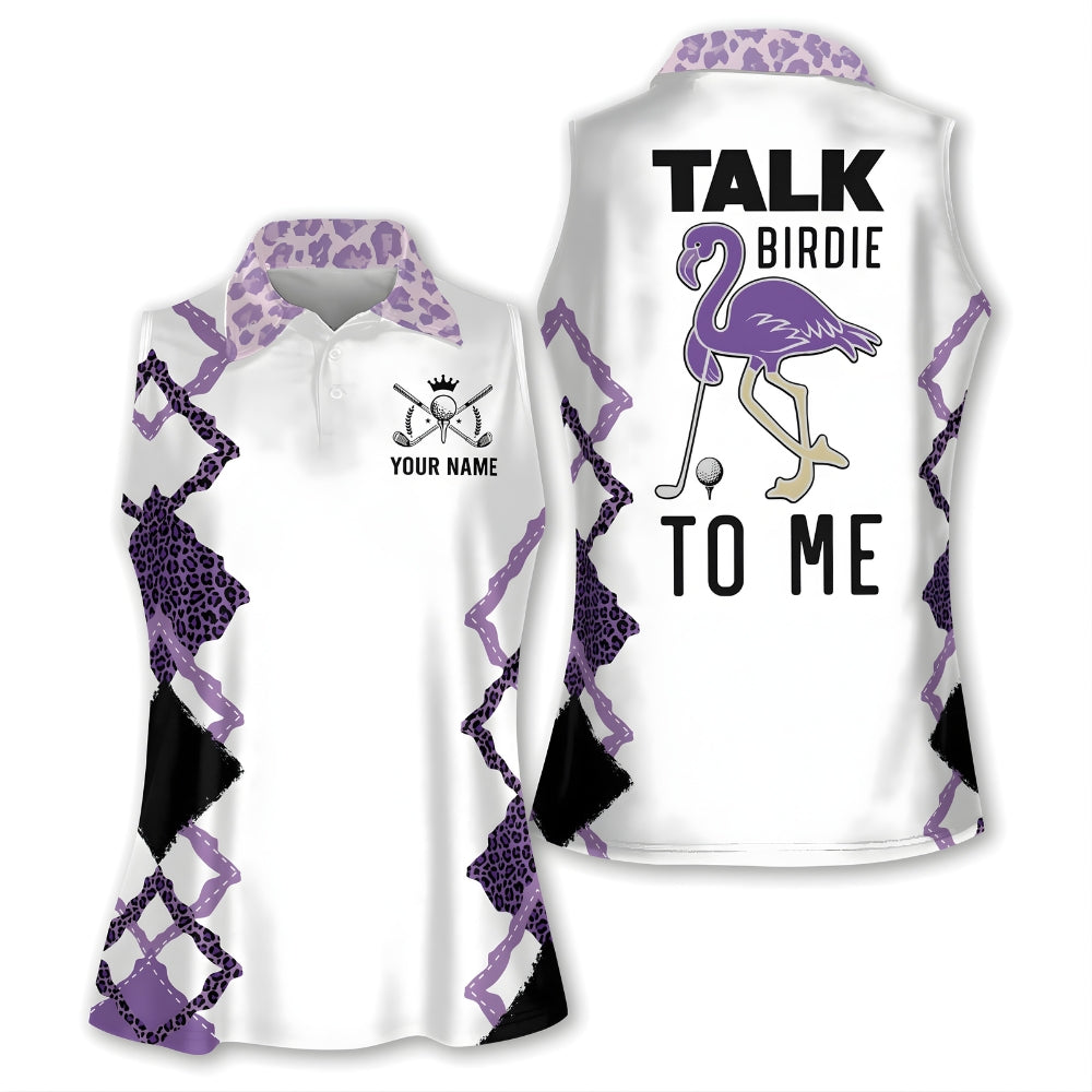 Funny purple leopard womens sleeveless polo shirts talk birdie to me custom purple flamingo golf shirt GY0256