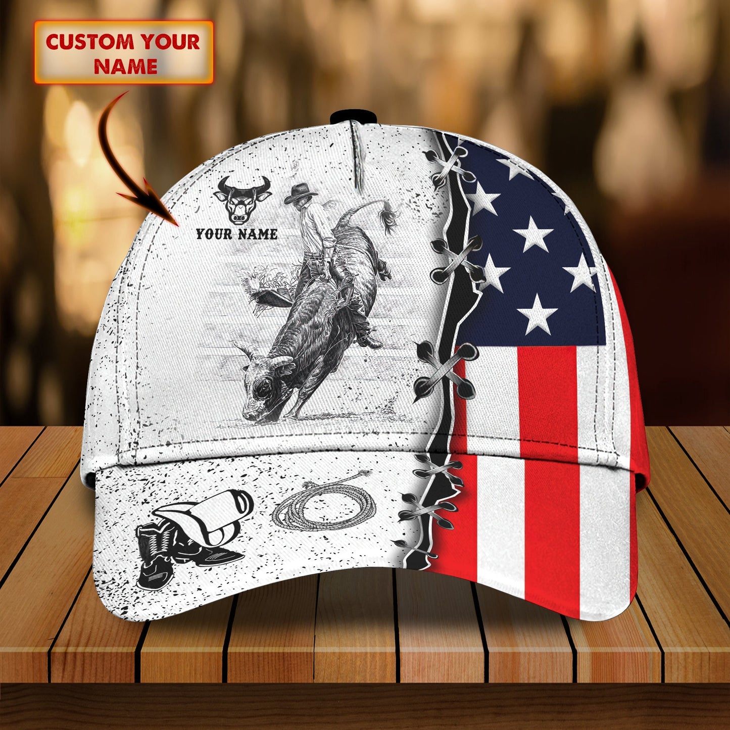 3D Classic Cap Bull Riding Texas Personalized Name Cap Lasfour CA1605