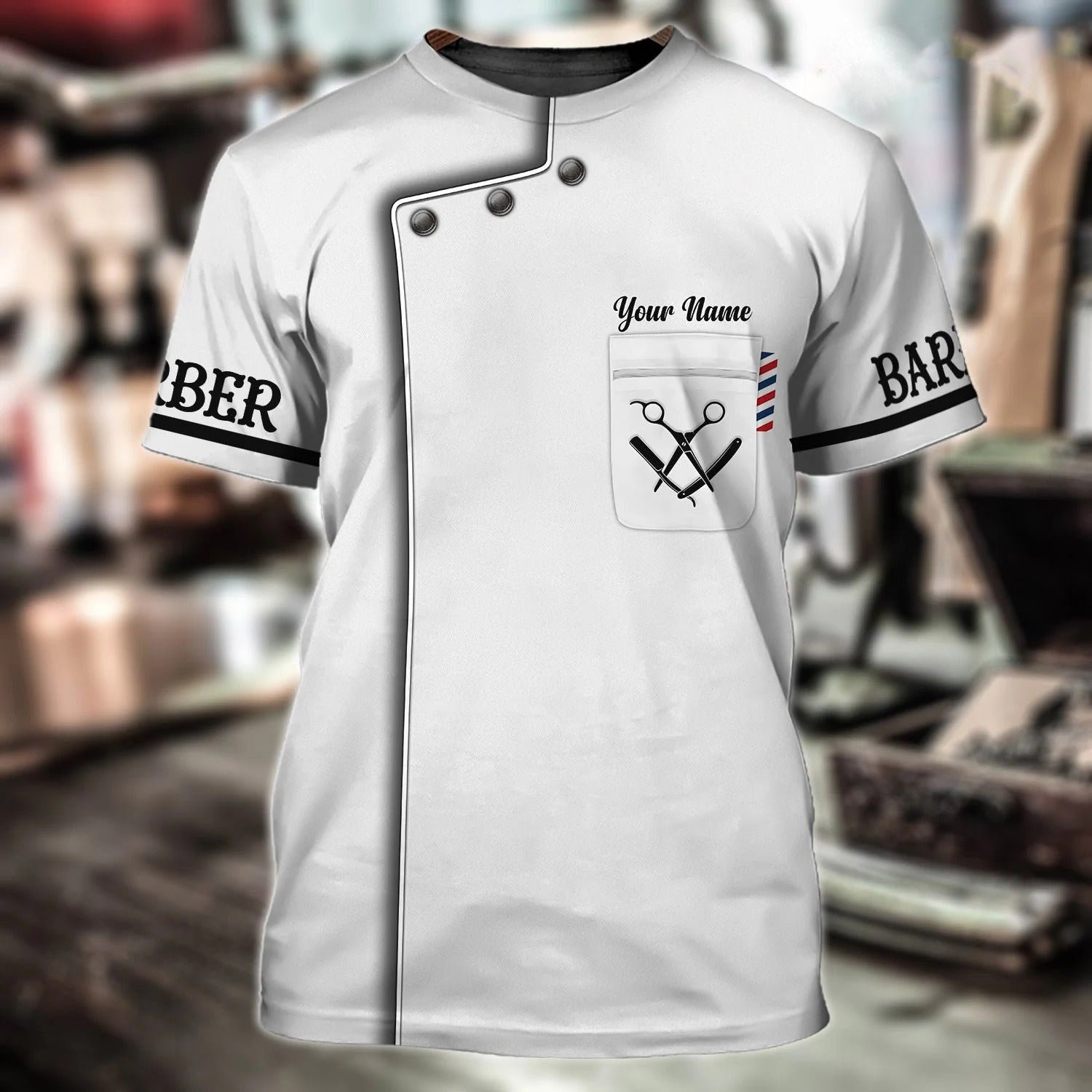 Custom With Name 3D White Barber T Shirt, White Uniform Barber