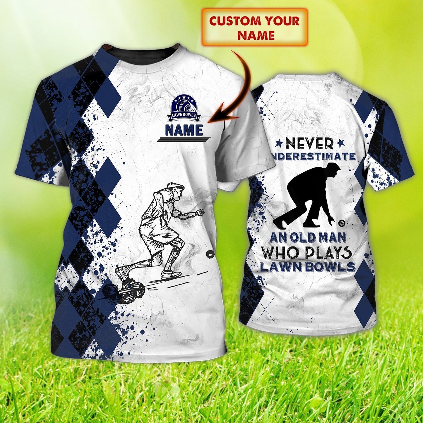 Personalized Old Man Plays Lawn Bowls Blue Navy 3D All Over Printed Shirt Lawn Bowl Gift TO1248