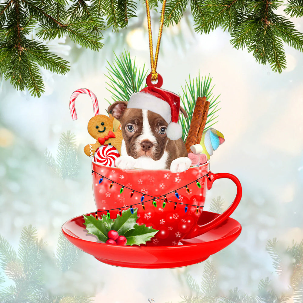 RED Boston Terrier In Cup Merry Christmas Ornament Flat Acrylic Dog Ornament OO1878