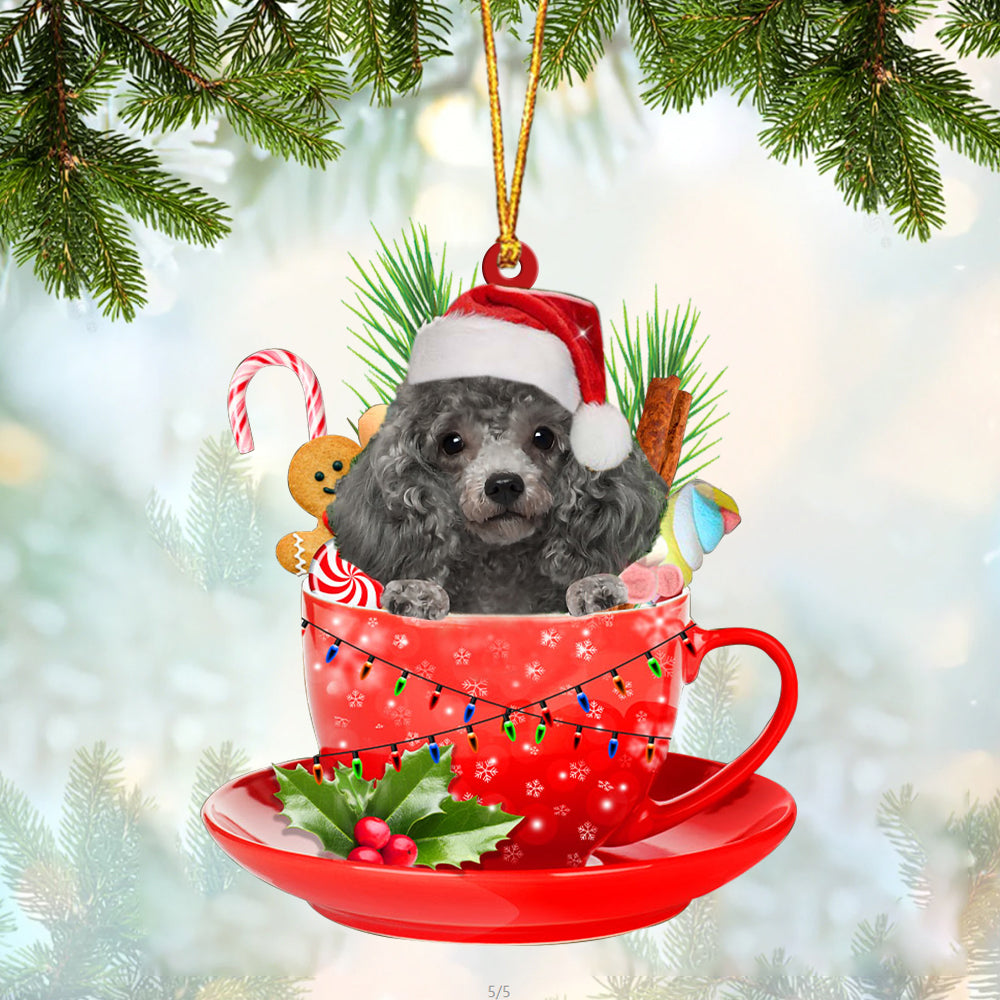 SILVER Miniature Poodle In Cup Merry Christmas Ornament Flat Acrylic Dog Ornament OO1881