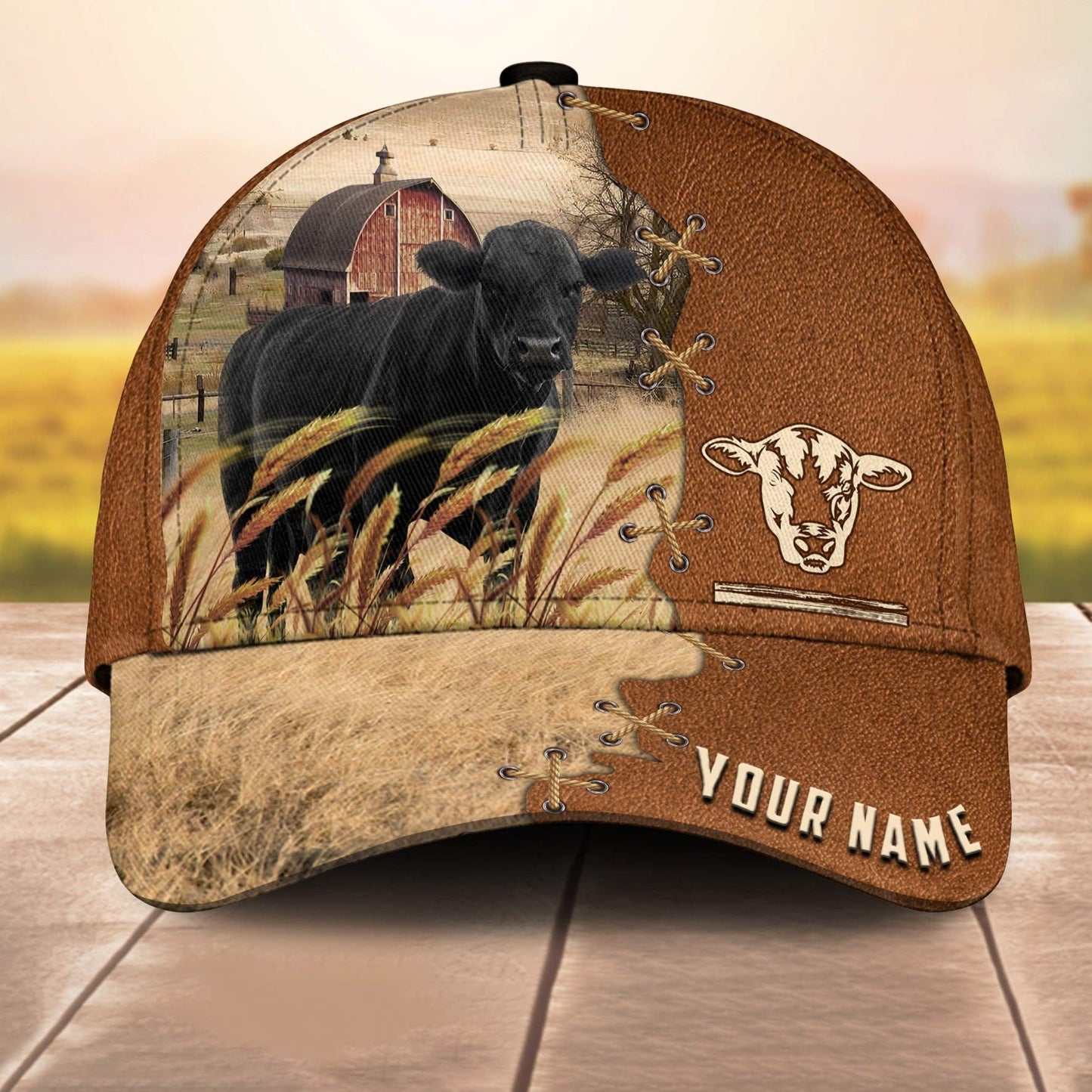 Black Angus Custom Name Brown Leather Paern 3D Cap 3D All Over Print Baseball Cap, Cap For Farm Lovers, Animal Cap, Leather Pattern Cap CA3177