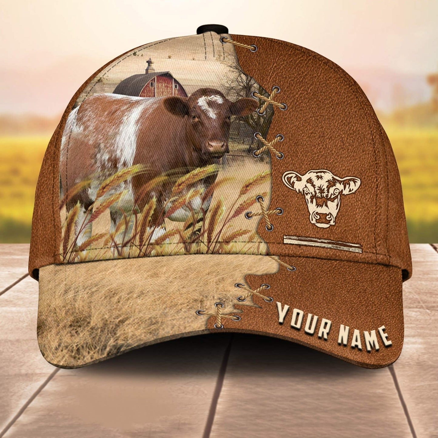 Shorthorn Custom Name Brown Leather Paern 3D Cap 3D All Over Print Baseball Cap, Cap For Farm Lovers, Animal Cap, Leather Pattern Cap CA3188