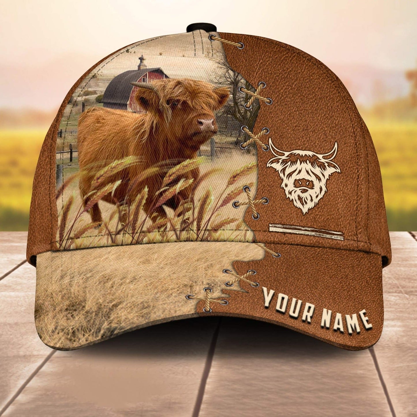 Miniature Highland Custom Name Brown Leather Paern 3D Cap 3D All Over Print Baseball Cap, Cap For Farm Lovers, Animal Cap, Leather Pattern Cap CA3192