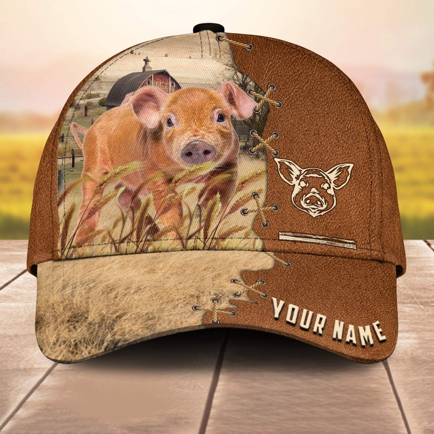 Pig Brown Custom Name Brown Leather Paern 3D Cap 3D All Over Print Baseball Cap, Cap For Farm Lovers, Animal Cap, Leather Pattern Cap CA3194