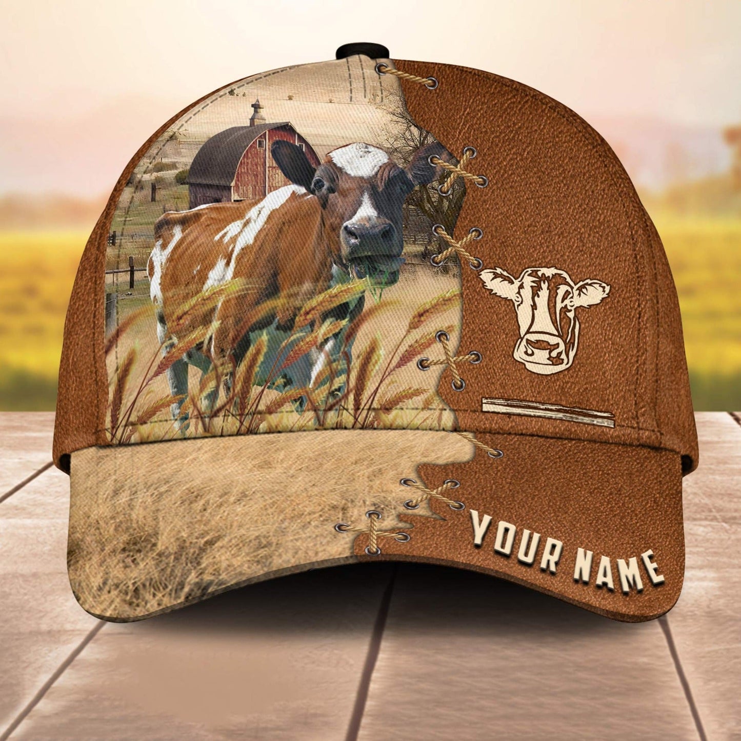 Ayrshire Custom Name Brown Leather Paern 3D Cap 3D All Over Print Baseball Cap, Cap For Farm Lovers, Animal Cap, Leather Pattern Cap CA3195