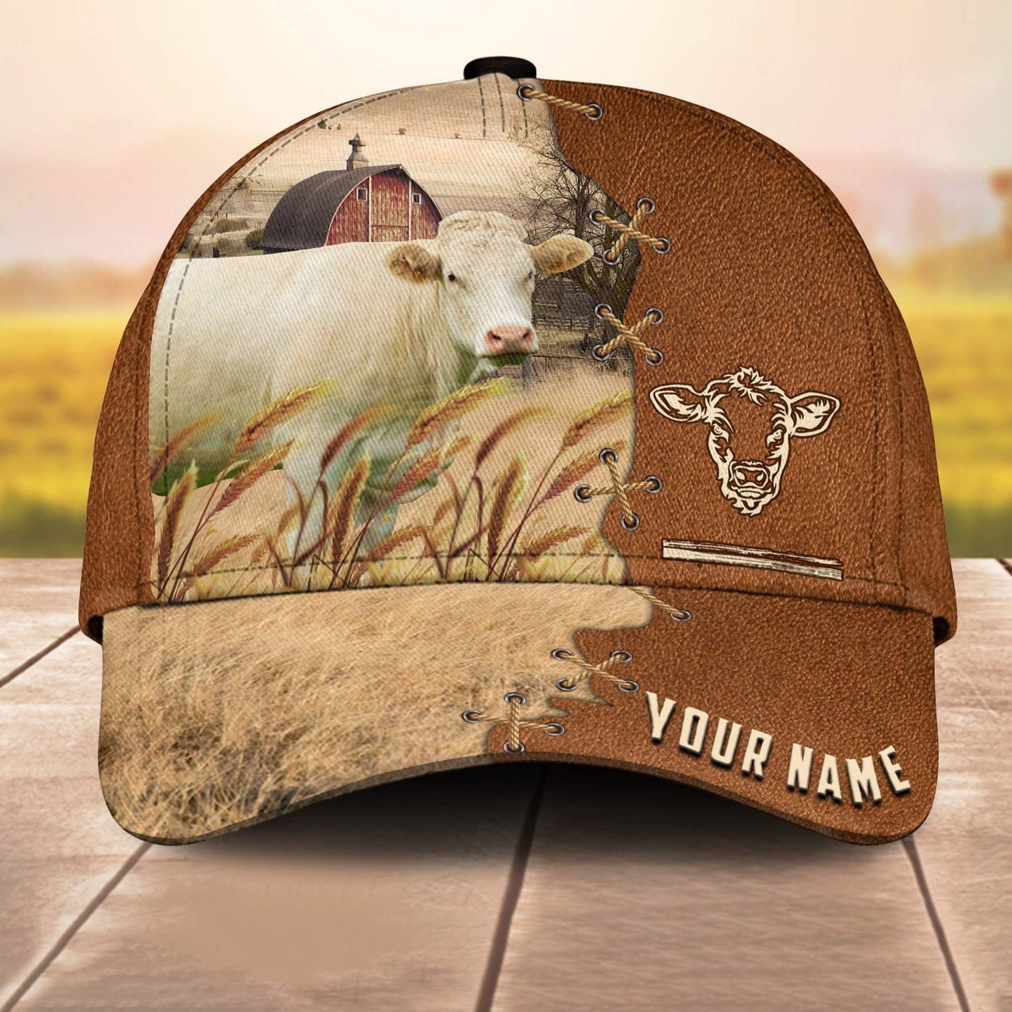 Charolais No Horn Custom Name Brown Leather Paern 3D Cap 3D All Over Print Baseball Cap, Cap For Farm Lovers, Animal Cap, Leather Pattern Cap CA3197