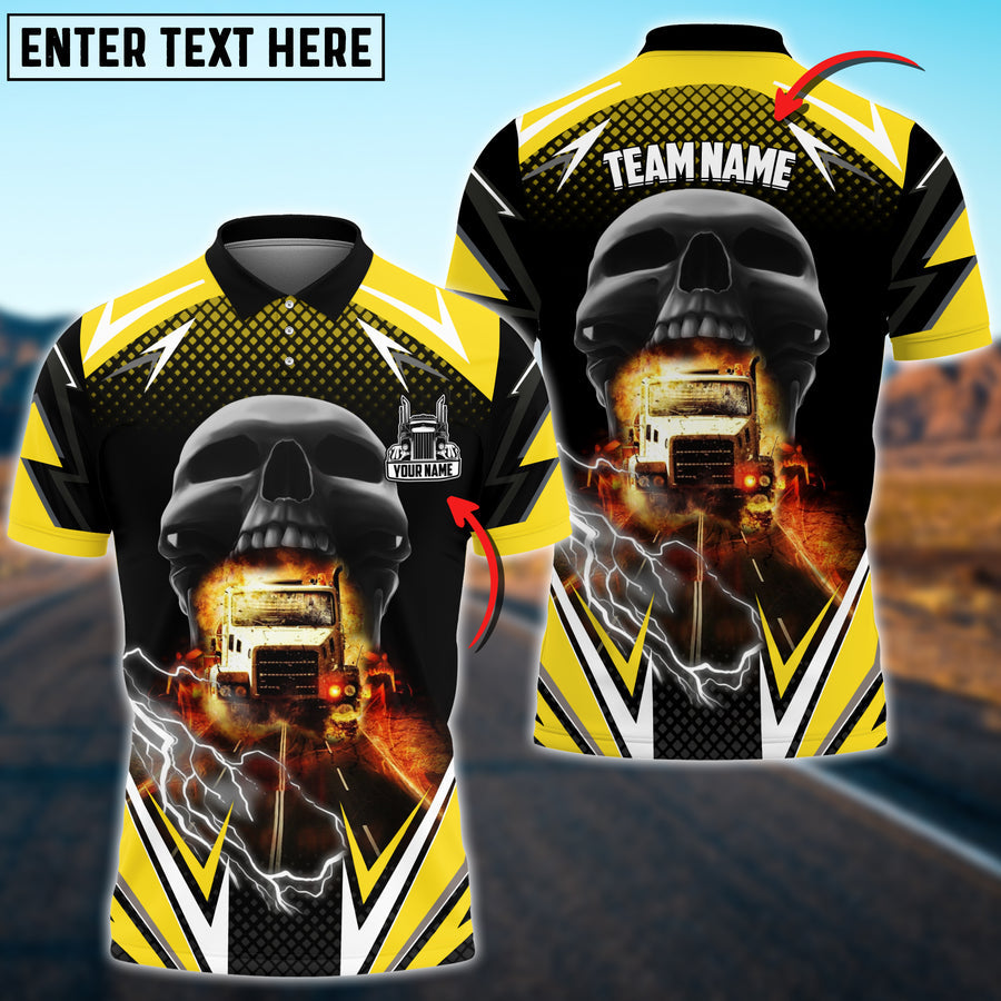 Truck Skull Thunder Lights Personalized Name 3D Polo Shirt For Truck Driver 4 Colors TO3513