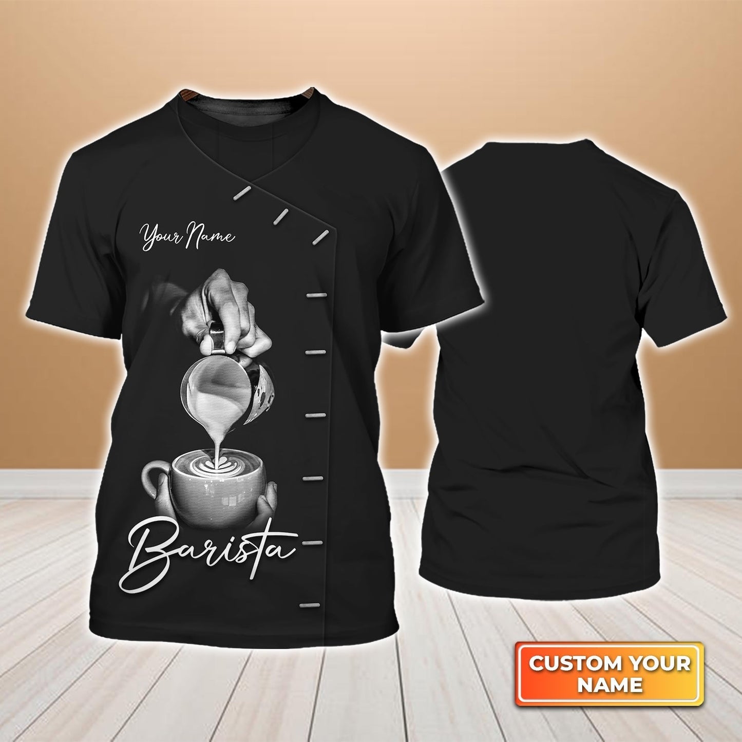 Barista Hand Making Lattle Drawing Black And White Personalized Name 3D Barista Tshirt TO1755