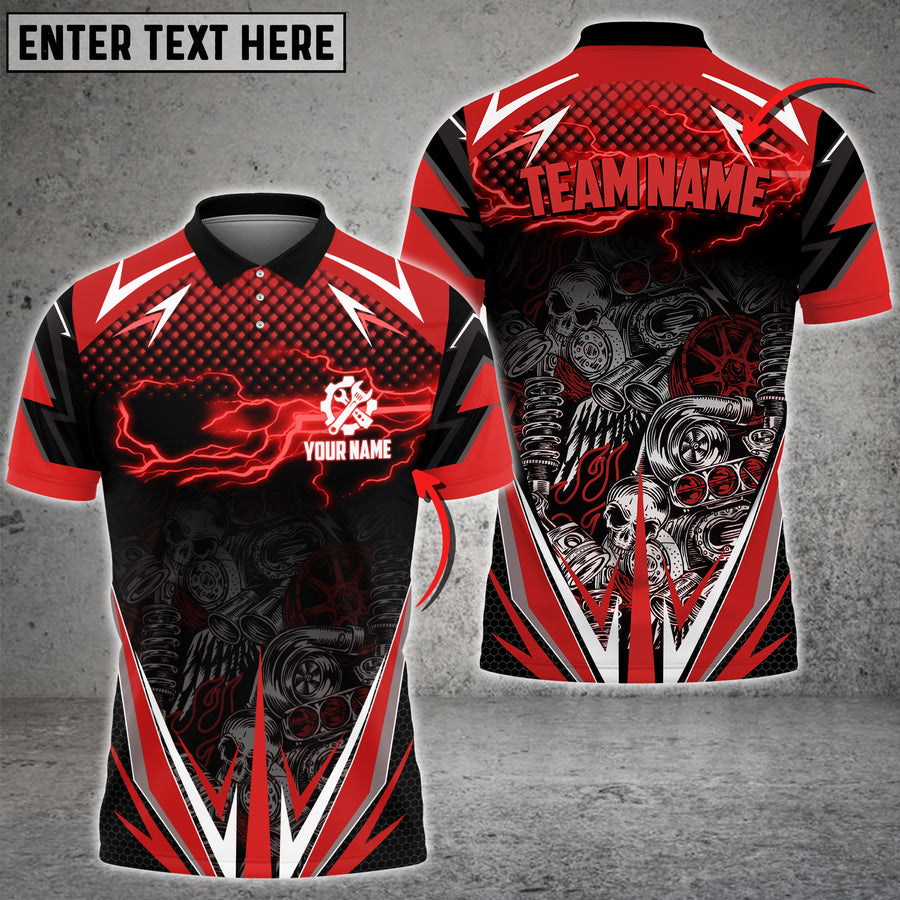 Mechanic Thunder and Skull Pattern Custom Name Multi Color Printed 3D Polo Shirt TO3474