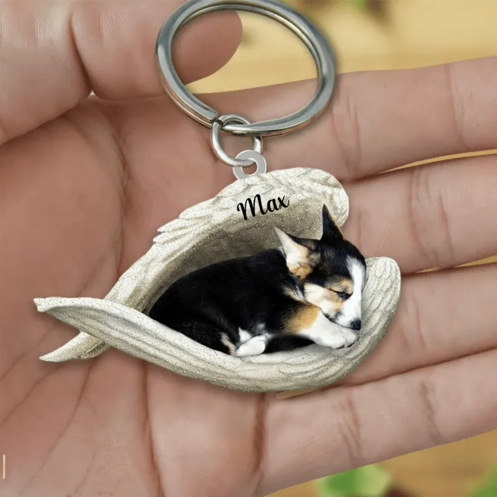 Personalized Corgi Sleeping Angle Keychain, Custom Name Dog Acrylic Flat Keychain Memorial Keychain KO0205