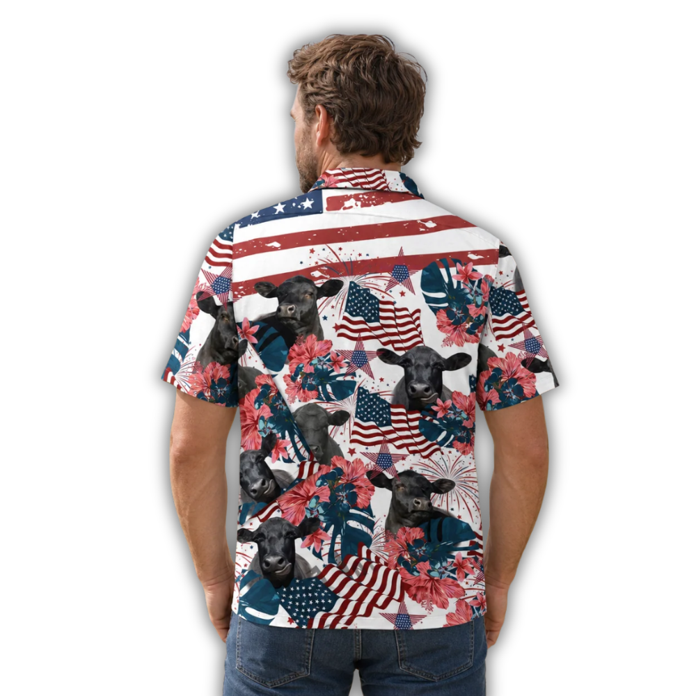 Black Angus American Flag Hawaiian Shirt, Cow Patriotic Hawaiian Shirt HE0895