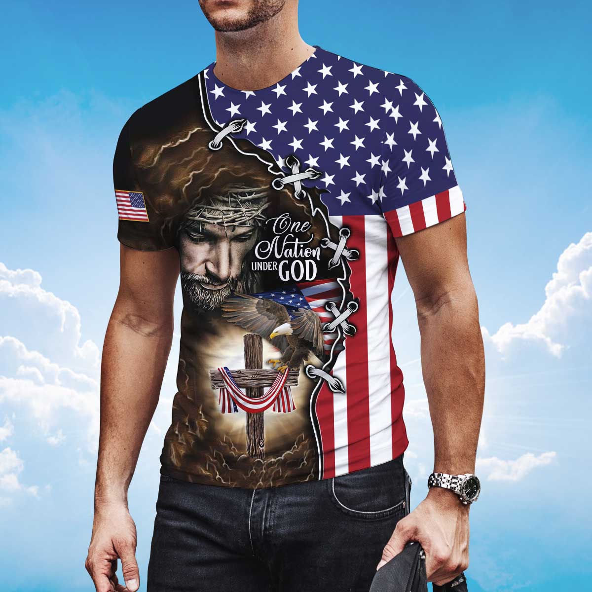 One Nation Under God T Shirt God Jesus Shirt Patriotic Eagle Usa Flag Pattern Shirts Patriotic Gifts TO1403