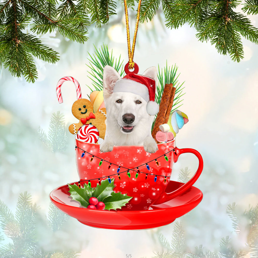 WHITE German Shepherd In Cup Merry Christmas Ornament Flat Acrylic Dog Ornament OO1883
