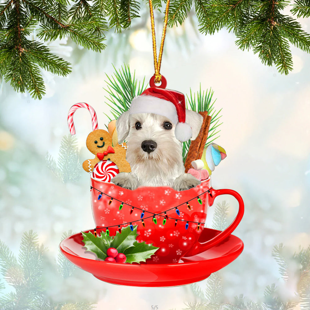 WHITE Miniature Schnauzer In Cup Merry Christmas Ornament Flat Acrylic Dog Ornament OO1884