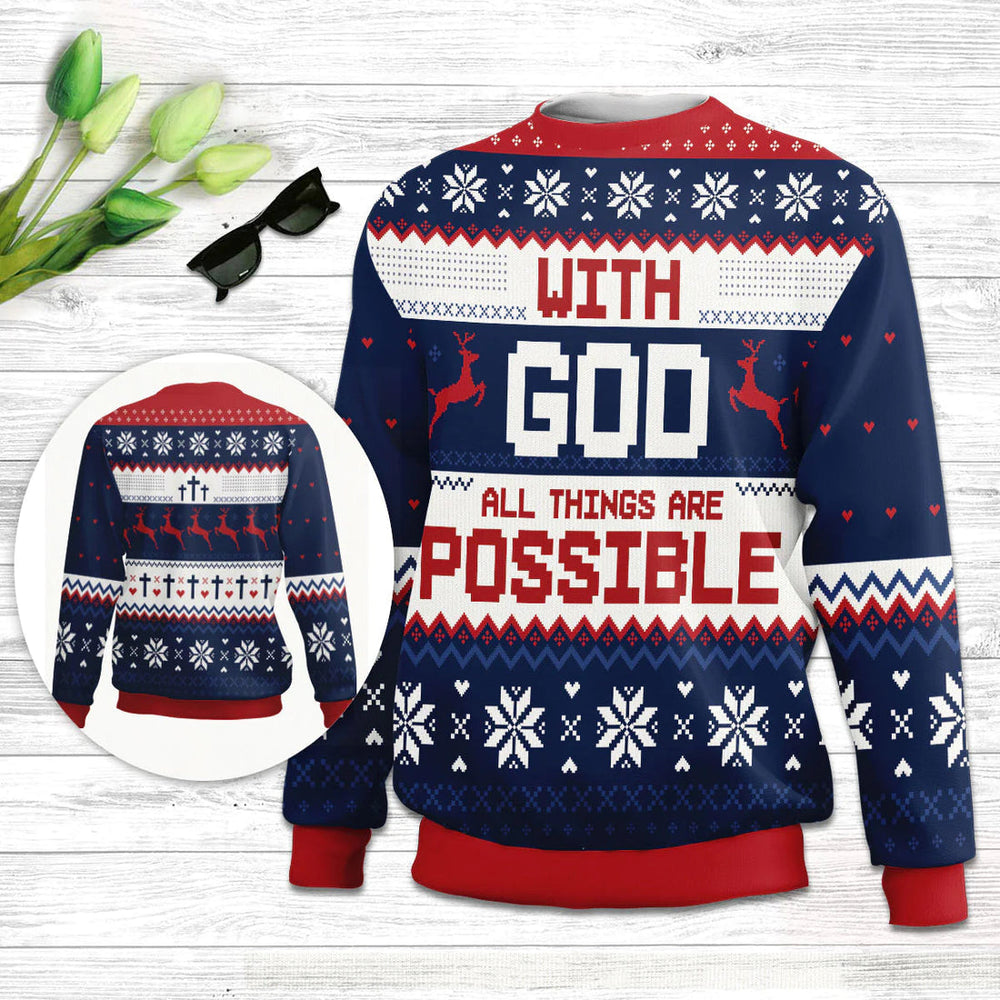 With God All Things Are Possible Matthew 1926 Ugly Christmas Sweater, Christian Ugly Christmas Sweater USO0245