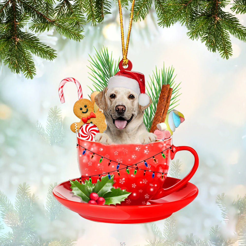 YELLOW Labrador In Cup Merry Christmas Ornament Flat Acrylic Dog Ornament OO1856