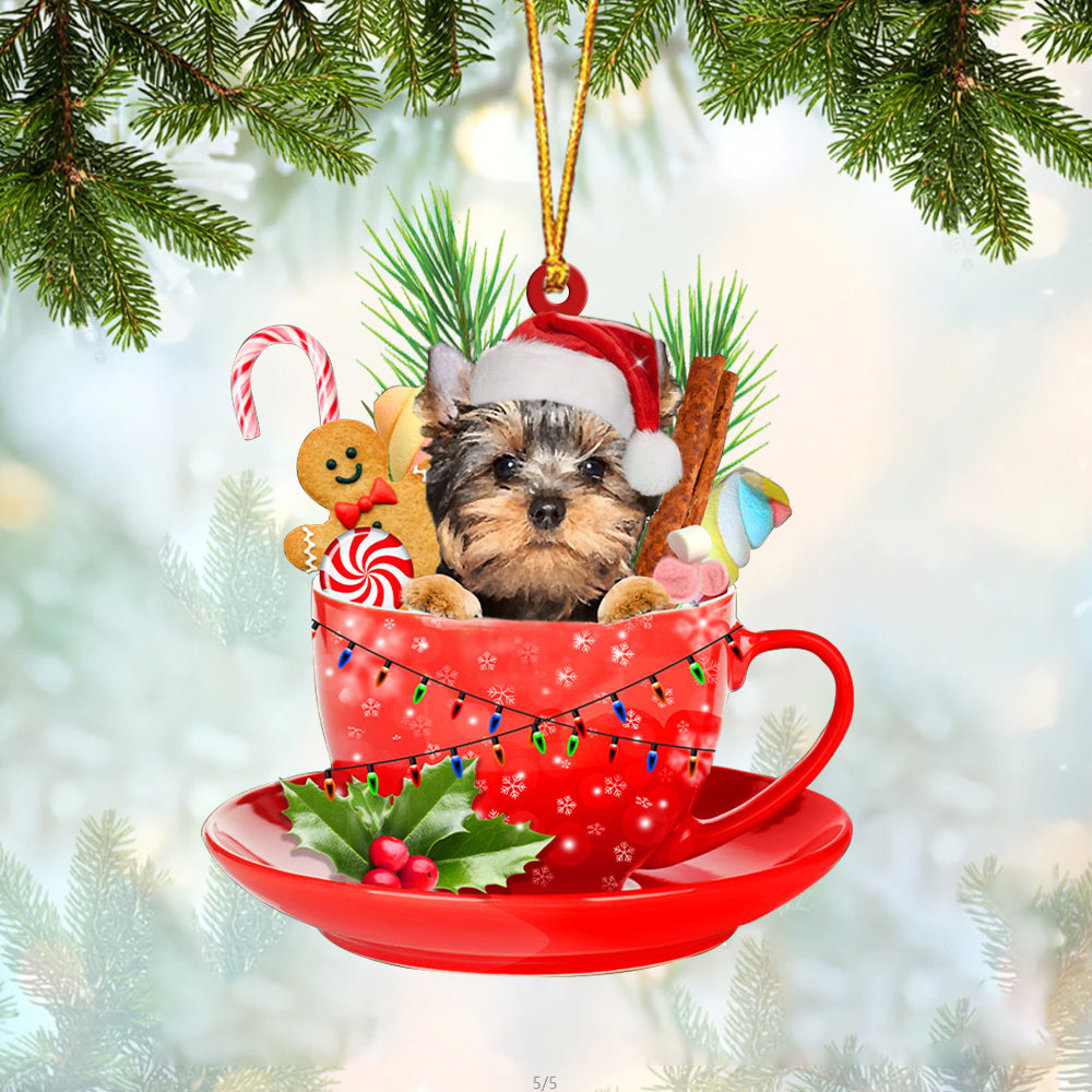 YorkShire Terrier In Cup Merry Christmas Ornament Flat Acrylic Dog Ornament OO1857