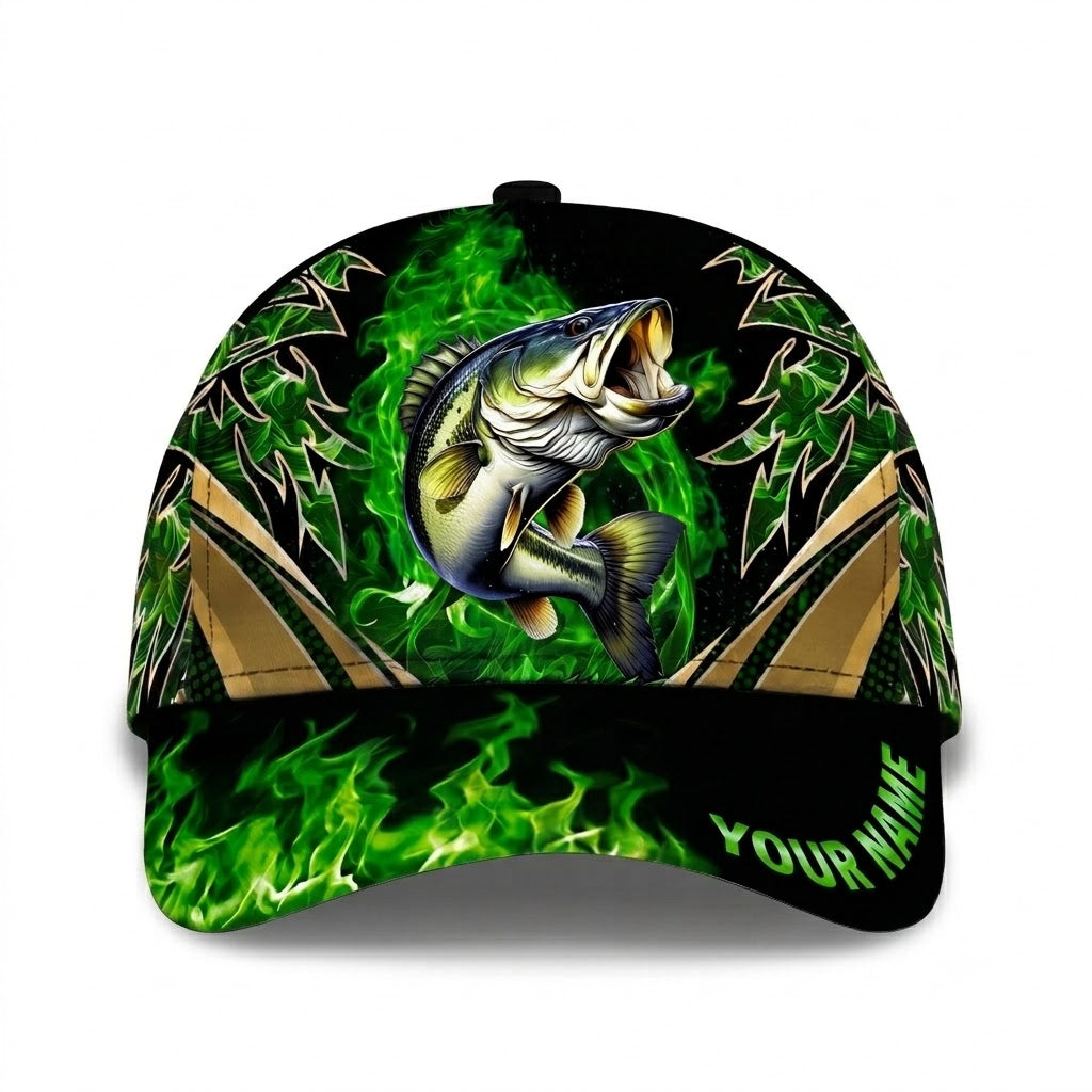 Custom Bass Fishing Green Flame Baseball 3D Cap, Custom Fishing Lover Hat CP0734