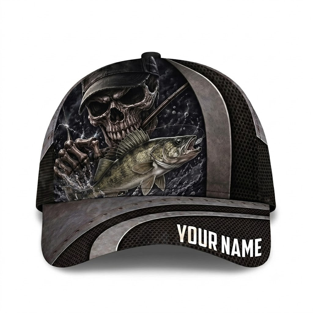 Custom Walleye Skull Fishing 3D Printed Baseball Cap, Custom Skeleton Fishing Cap Hat CP0750