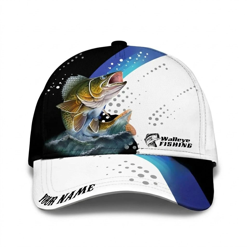 Walleye Fishing Custom Blue And White Baseball Cap With Nam, Custom Fishing Lover Hat CP0753