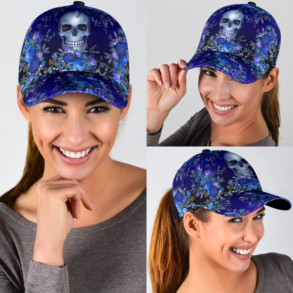 3D Skull Classic Cap Hat With Blue Floral Pattern, Flower Skull Cap Hat For Her, Women Skull Cap CO0662