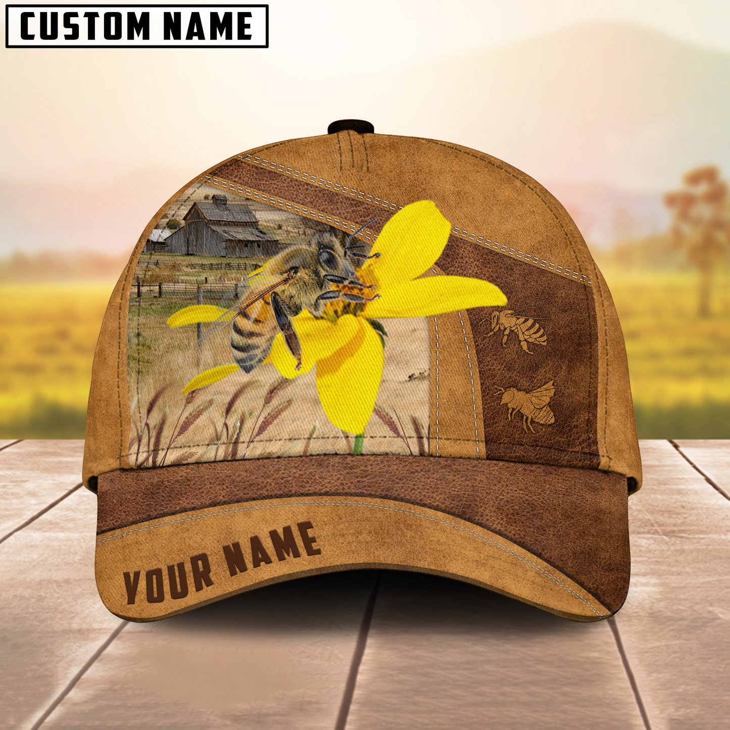Honey Bee Custom Name Retro 3D Cap 3D All Over Print Baseball Cap, Cap For Farm Lovers, Animal Cap, Leather Pattern Cap CA3003