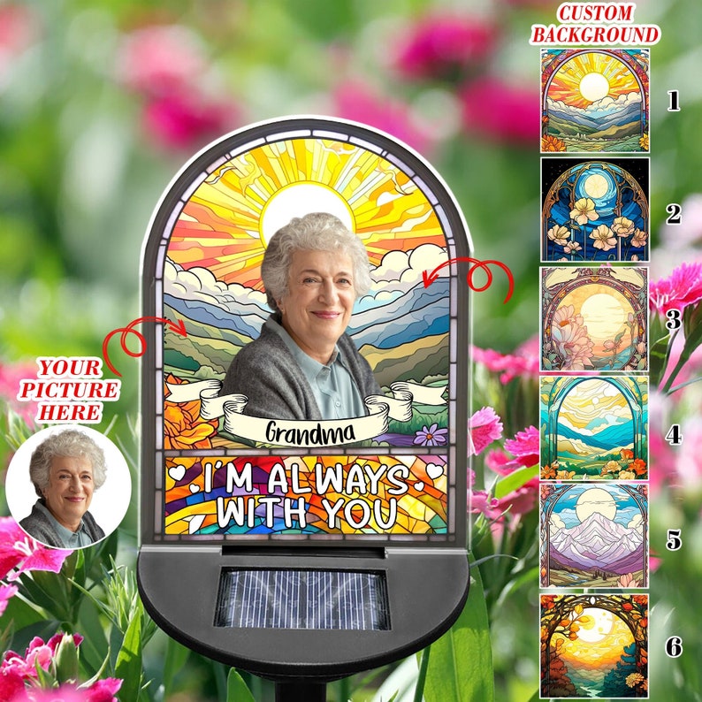 Personalized Photo Stained Glass Memorial Solar Garden Light, In