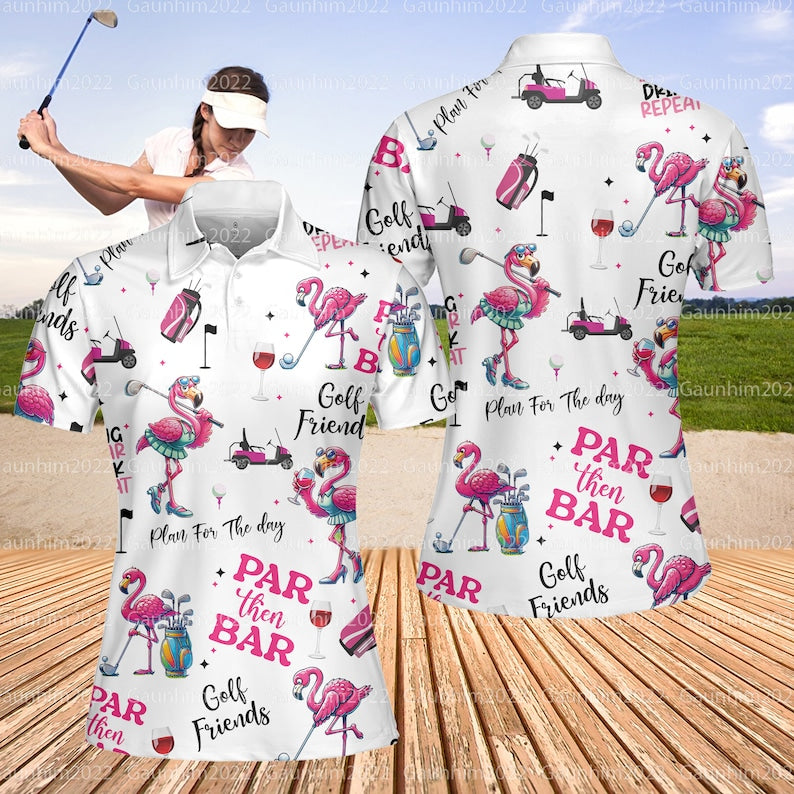 Flamingo Golf And Wine Polo Shirt For Women, Funny Golf Shirts GE0001