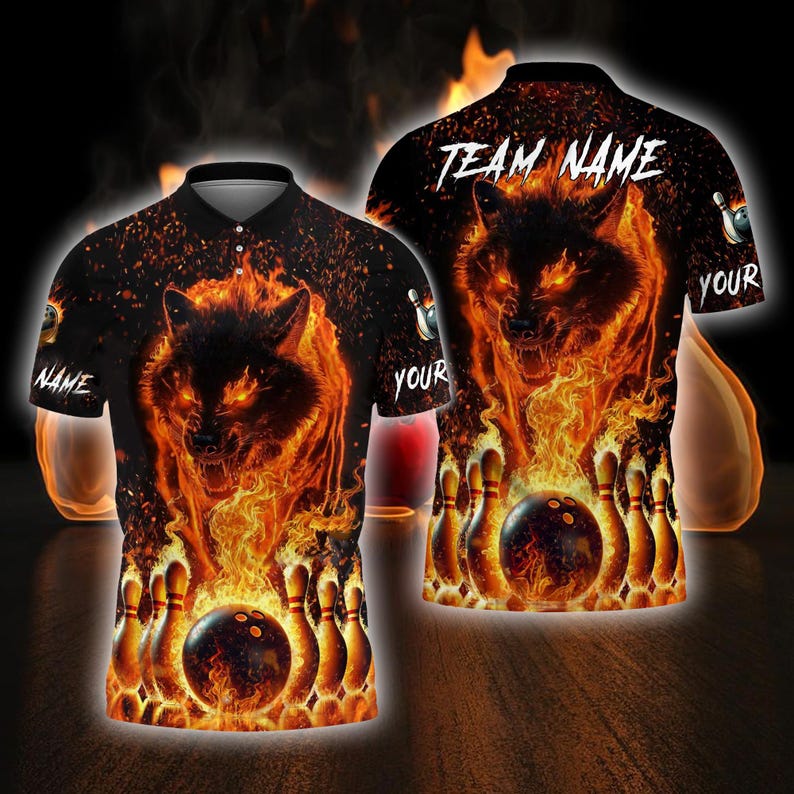 Custom Blue Flame Wolf Bowling Polo Shirt For Men, Custom Wolf Bowling Team Shirts BE0061