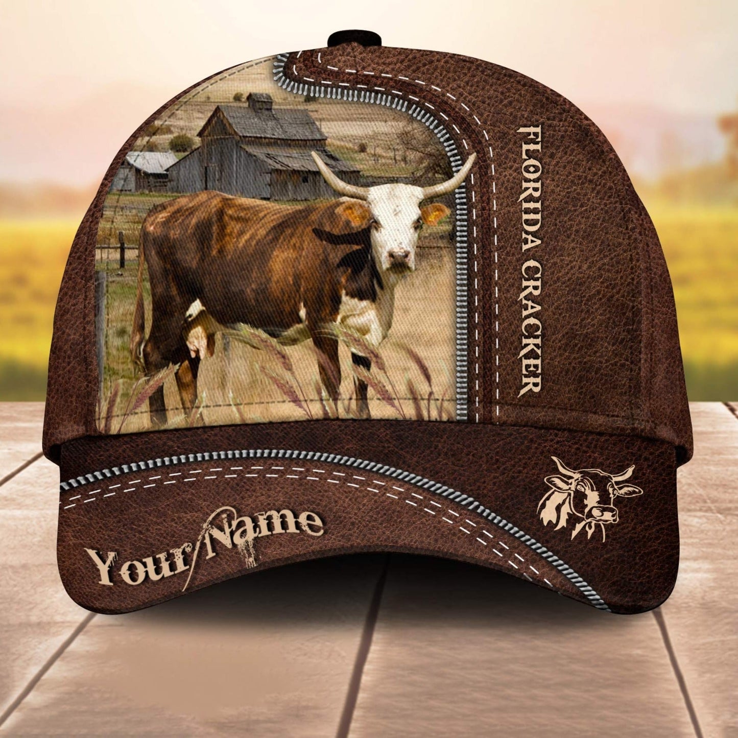 Florida Cracker Cow Customized Name Leather Pattern 3D Cap 3D All Over Print Baseball Cap, Cap For Farm Lovers, Animal Cap, Leather Pattern Cap CA3160