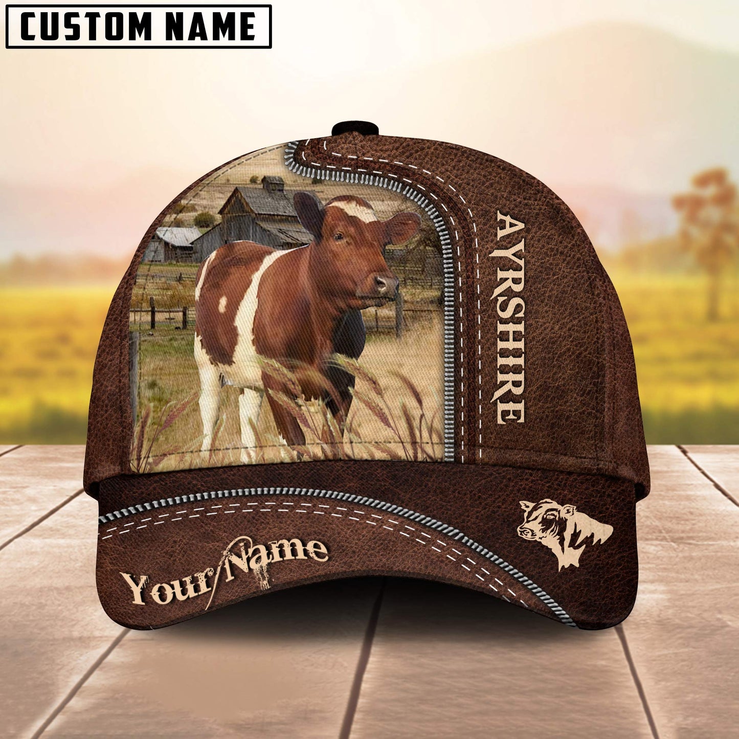 Ayrshire Customized Name Leather Paern 3D Cap 3D All Over Print Baseball Cap, Cap For Farm Lovers, Animal Cap, Leather Pattern Cap CA3135