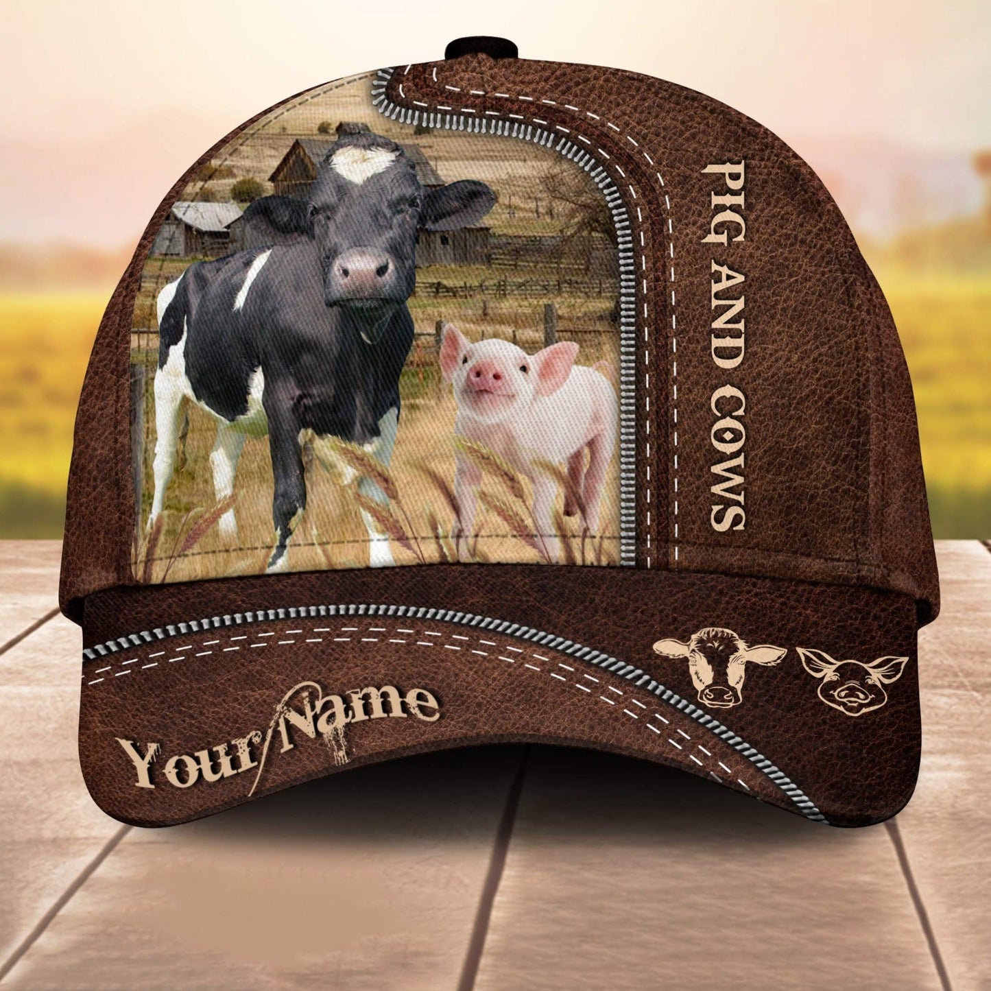 Pig And Cows Customized Name Leather Paern 3D Cap 3D All Over Print Baseball Cap, Cap For Farm Lovers, Animal Cap, Leather Pattern Cap CA3121