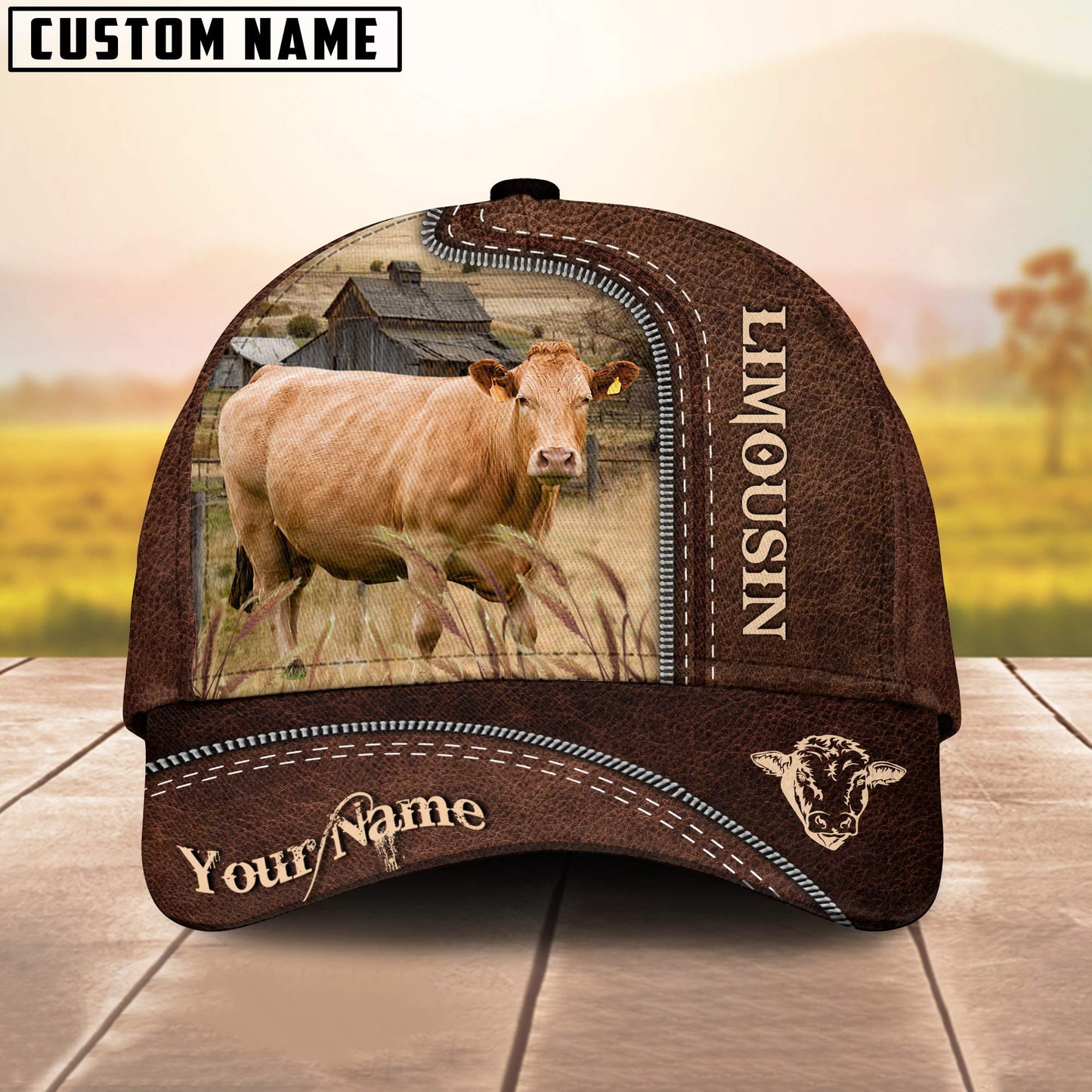 Limousin Customized Name Leather Pattern 3D Cap 3D All Over Print Baseball Cap, Cap For Farm Lovers, Animal Cap, Leather Pattern Cap CA3146