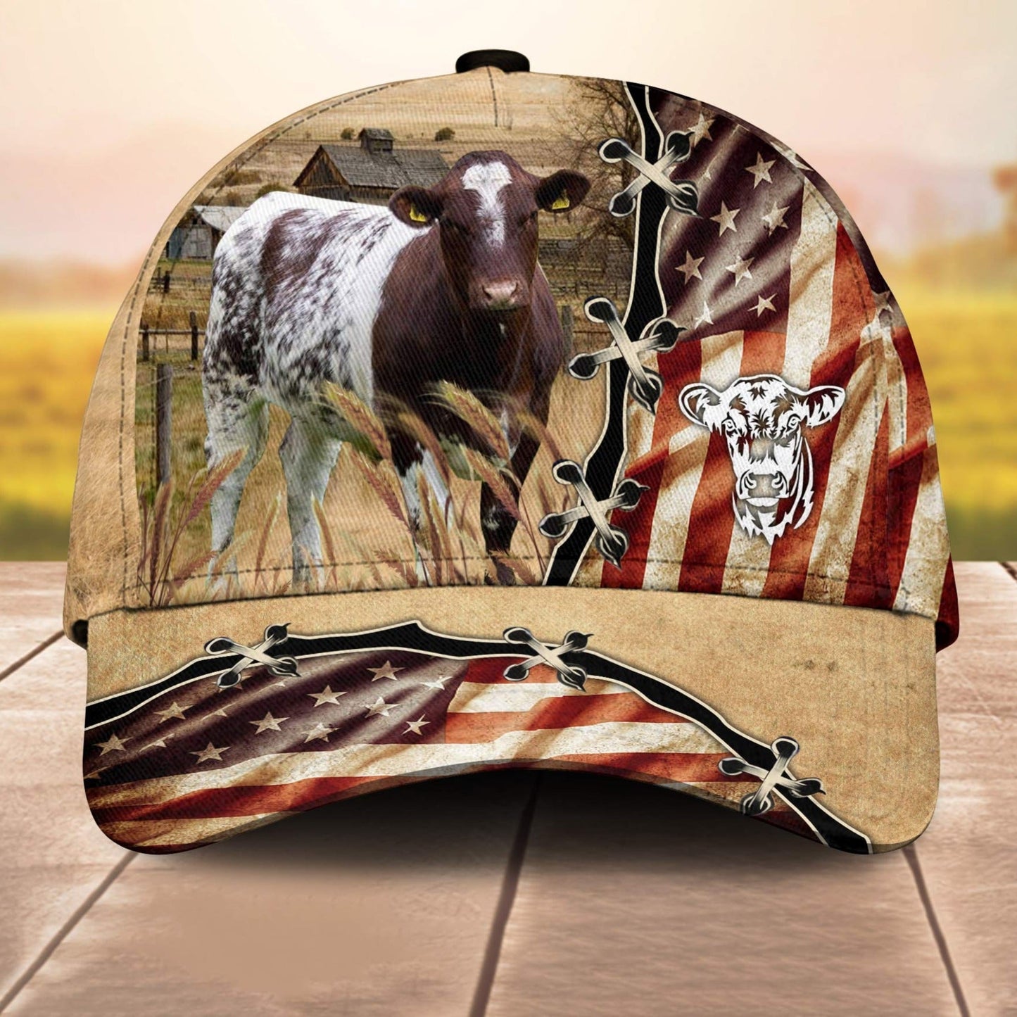 Shorthorn American Flag Custom Name Retro 3D Cap 3D All Over Print Baseball Cap, Cap For Farm Lovers, Animal Cap, Leather Pattern Cap CA3068