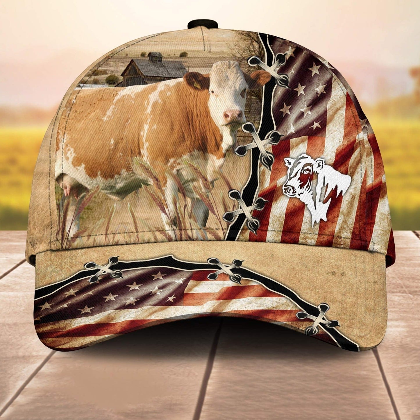 Simmental American Flag Custom Name Retro 3D Cap 3D All Over Print Baseball Cap, Cap For Farm Lovers, Animal Cap, Leather Pattern Cap CA3069