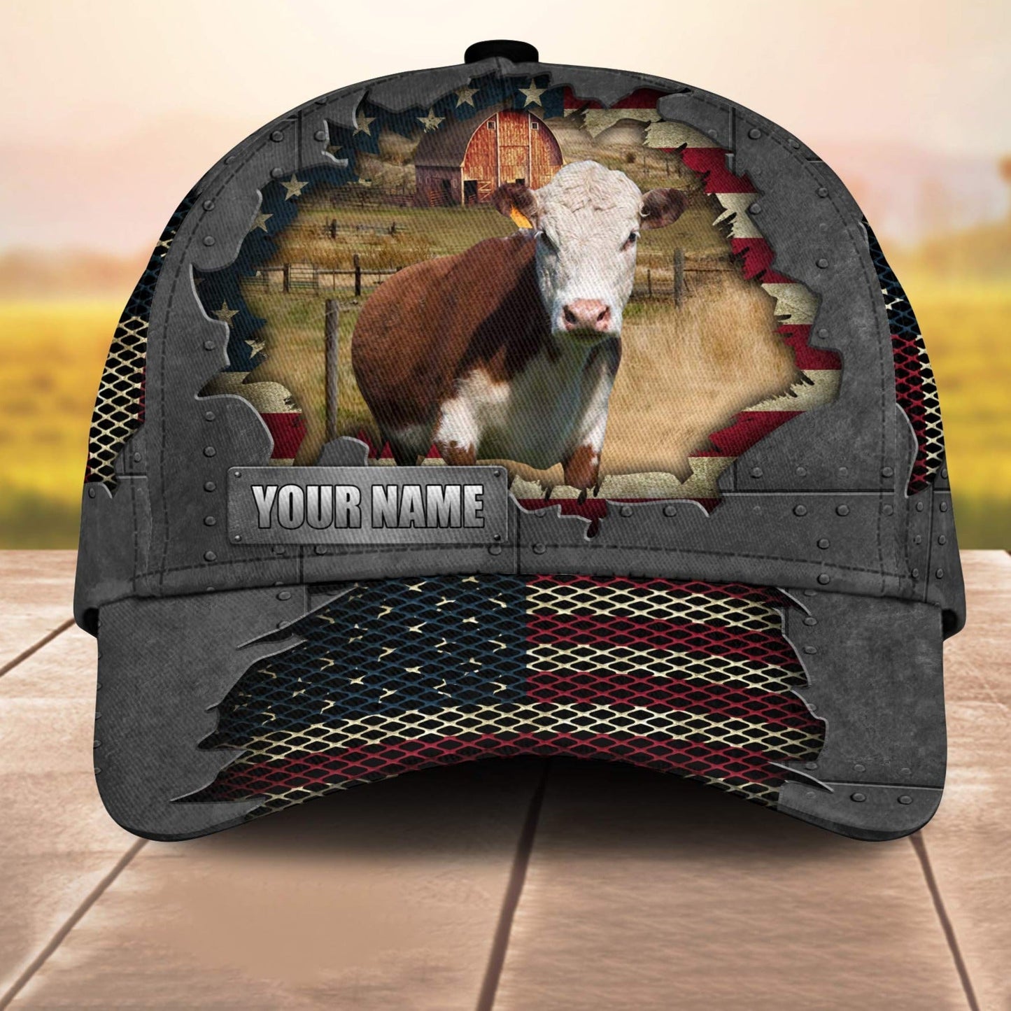 Hereford Customized Name Us Flag Net 3D Cap 3D All Over Print Baseball Cap, Cap For Farm Lovers, Animal Cap, Leather Pattern Cap CA3106