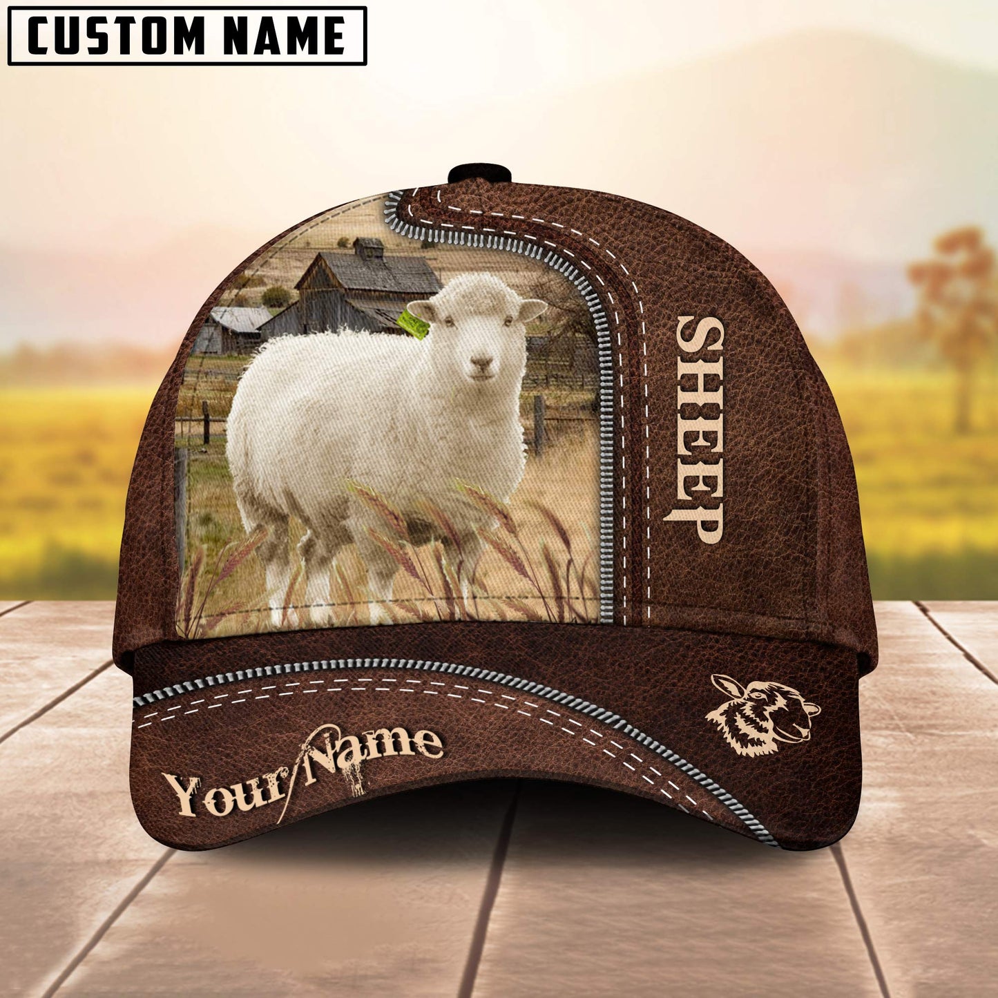 Sheep Customized Name Leather Paern 3D Cap 3D All Over Print Baseball Cap, Cap For Farm Lovers, Animal Cap, Leather Pattern Cap CA3143