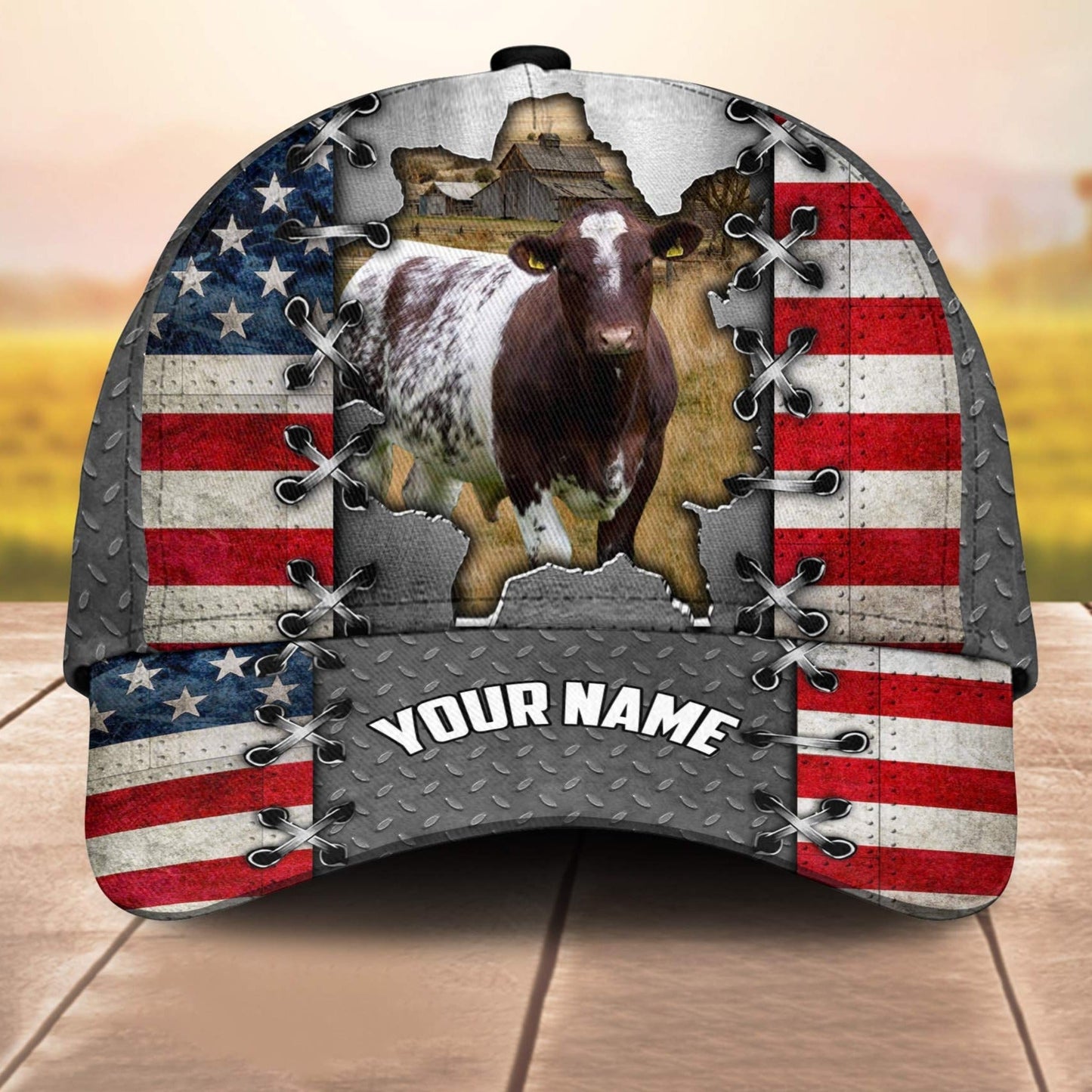 Shorthorn Customized Name Us Flag 3D Cap 3D All Over Print Baseball Cap, Cap For Farm Lovers, Animal Cap, Leather Pattern Cap CA3174