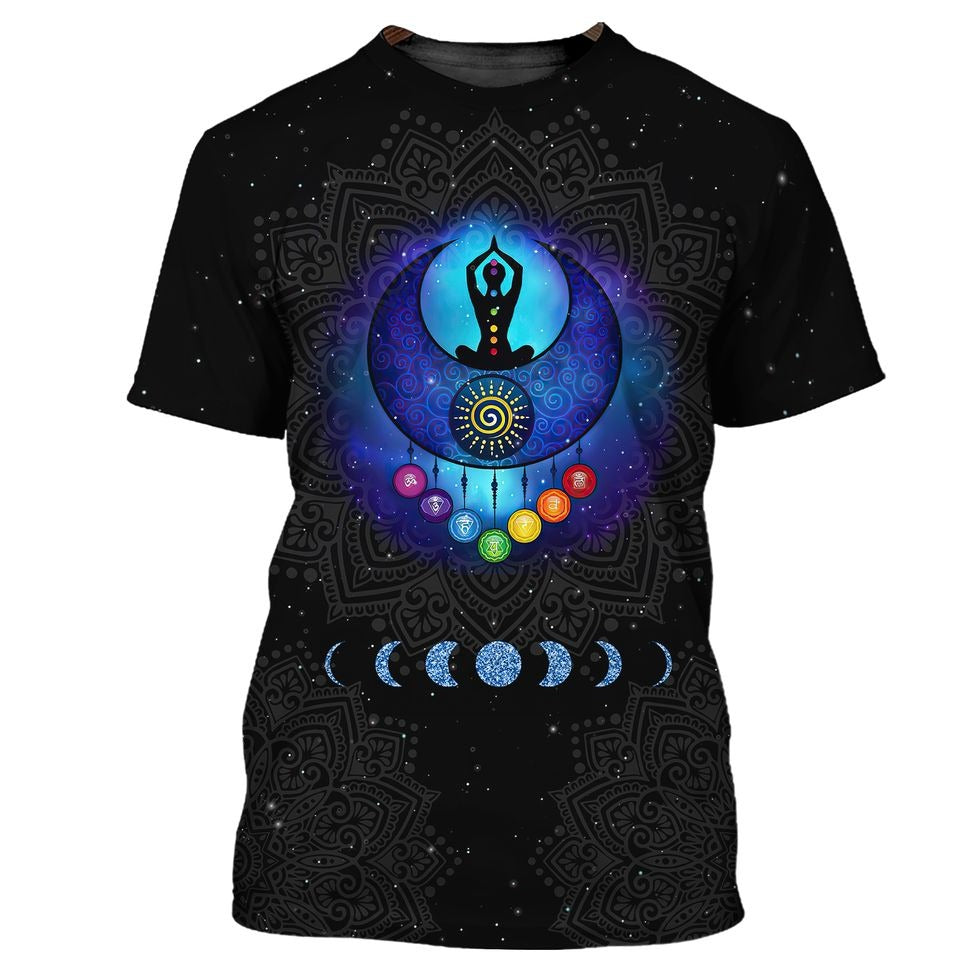 Meditation Girl Seven Chakra Mandala 3D Tshirt, Black Mandala Shirt, Black Hippie T Shirt TO1005