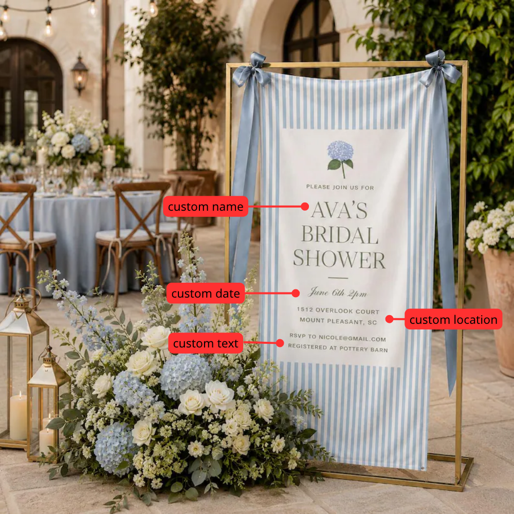 Hydrangea Floral Custom Bridal Shower Fabric Welcome Sign, Custom Blue Bridal Party Banner WD0493