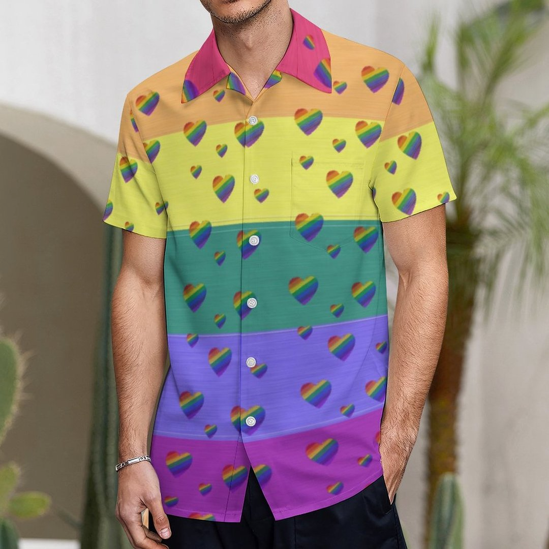 Lgbt Pride Rainbow Flag And Hearts Pattern Hawaiian Vintage Shirt Mens Button Down Tropical Hawaii Beach Shirts HO4613